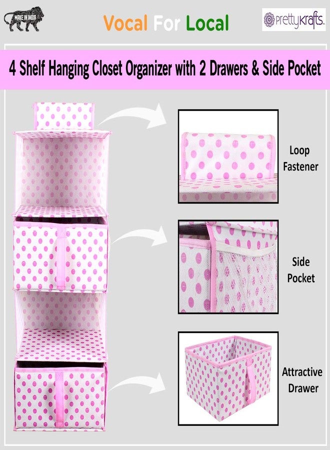 PrettyKrafts Polka Non Woven 4 Shelf Hanging Organiser with 2 Drawers and Side Pockets F1576 (Pink) - Image 5